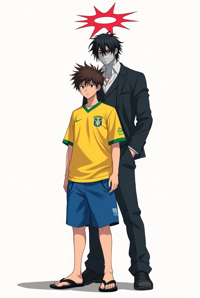 A pale anime man with a tired appearance, short messy brown hair, tired black eyes with Japanese descent. Wearing a yellow and blue Brazilian shirt from the 2019 Olympics and typical Brazilian blue shorts, black havaianas flip flops, standing in front of a completely white background. Detailed with full 8k quality. A half-demon man behind him, black hair and skin, bandages around the neck, wearing a fancy suit, a red halo shaped like stars above the head.