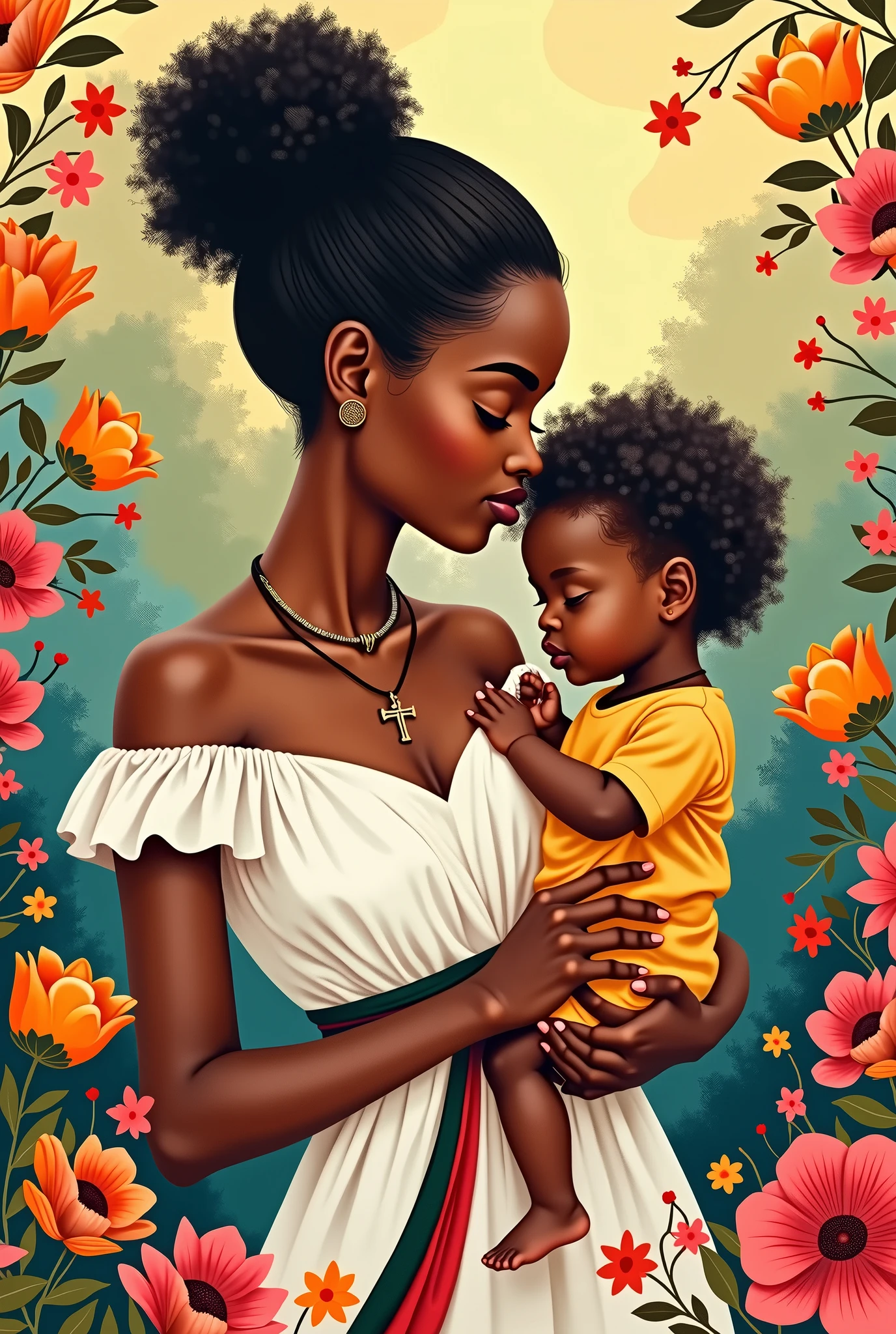 Postcard on an International Mother's Day, beautiful colours, nice picture of a Mother and her kid, flowers in background.she wearing a beautiful white dress with a strip of Ethiopian flag.her skin is less darker, she and her child having black woolen necklace and a cross on it