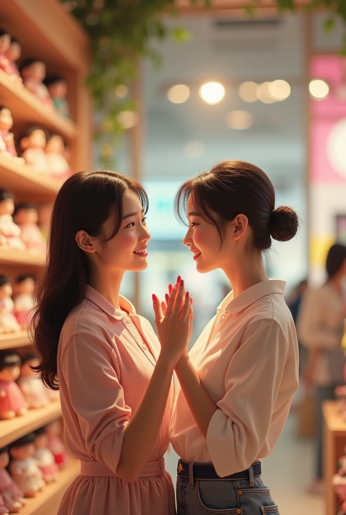 A Korean , , beautiful, gentle, with her beautiful mother, 2. The waved to her mother. They were in a mall, a doll shop.