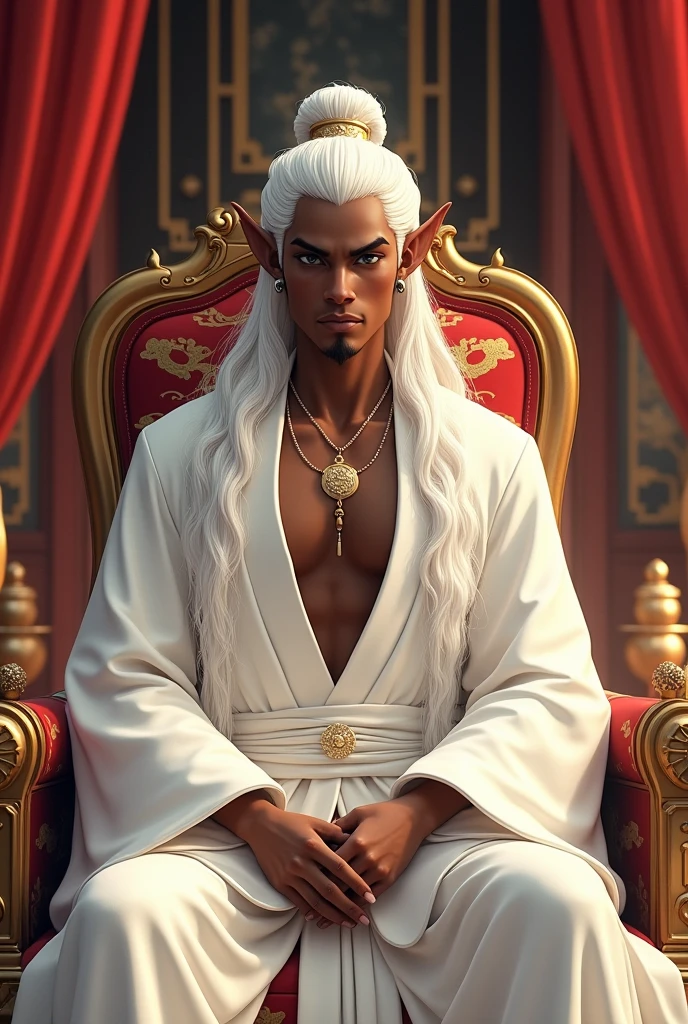 Black man. Brown skin. Elf. Long White hair. Dressed in Chinese style white robes. Sitting in a mansion. Chinese animation style. Ultra high quality
