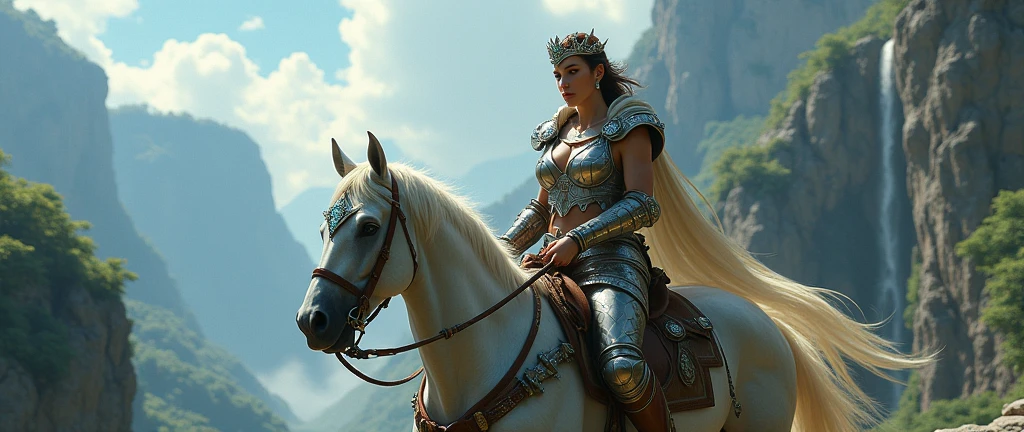 warrior with diamond crown on her horse with sword in hand, on top of the bridge