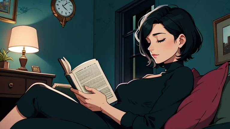 Beautiful woman in her 30s with short black hair is sitting on the sofa. Looking down, eyes closed, LOFI girl, alone in the room, blouse, cozy wallpaper, big cushion, bookshelf, relaxing mood, night core, cozy, wide glass window with skyscrapers, outside view at night, only five fingers, blue wall, Holding a book in hand,