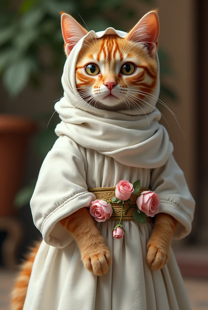 A Moroccan cat wearing a white traditional costume and a belt of small roses around her waist around the colorful belt, as real as in real life