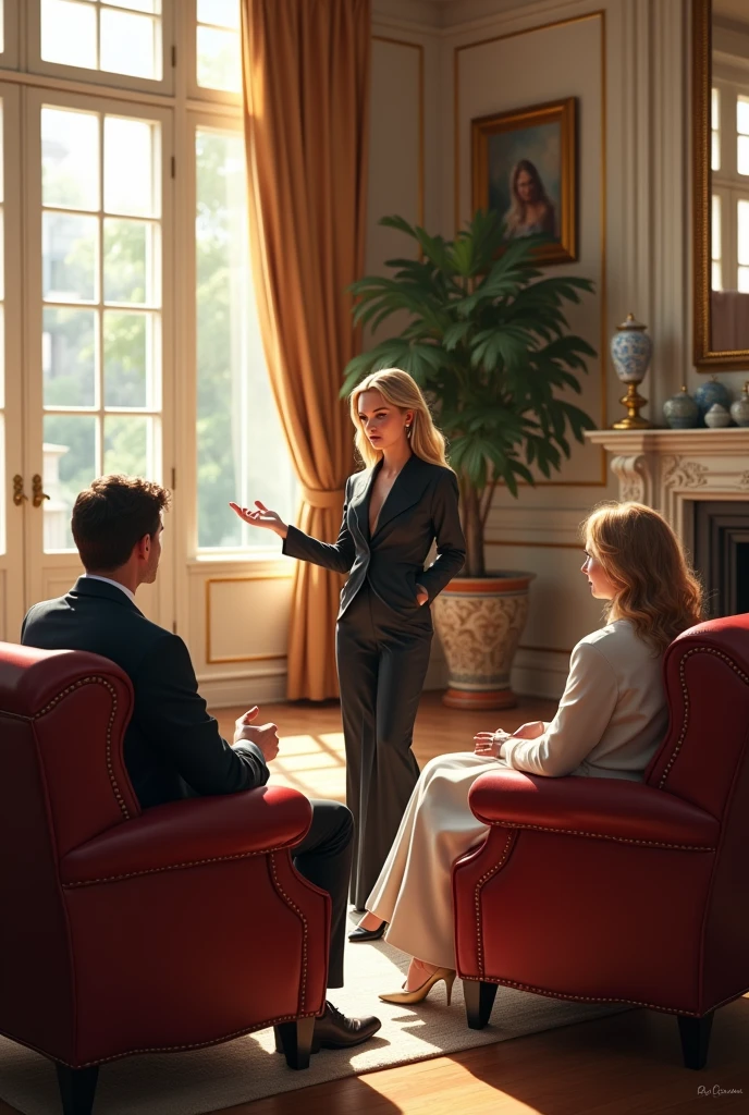 Rich girl talking to her parents in the living room