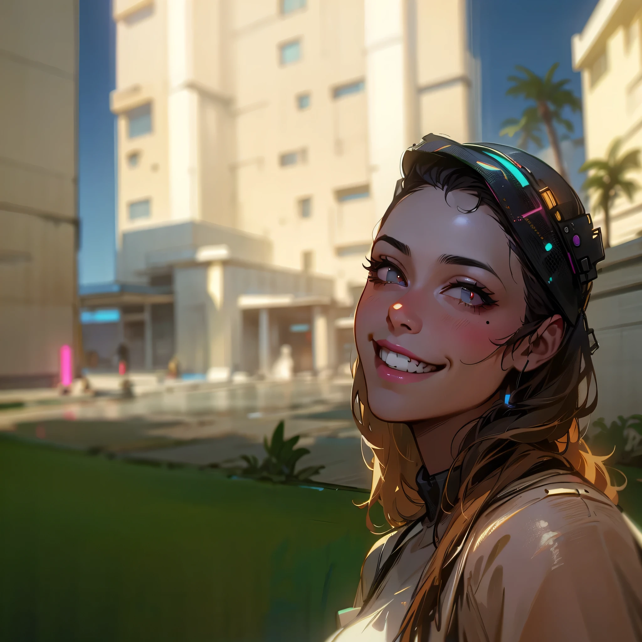 smiling woman in white shirt standing in front of a building, malika favre, caroline gariba, near the beach, valentina remenar, with palm trees in the back, happily smiling at the camera, by Nándor Katona, by Emma Andijewska, smiling and looking directly, beautiful and smiling, profile image, fernanda suarezHD, (Best Detail), (Best Quality), colorful, cyberpunk, neon, beautiful lights, purple reflections,