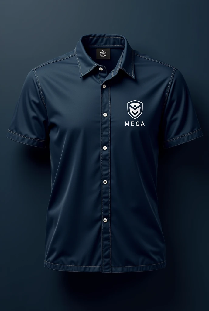 Create an elegant shirt design for the Mega Distributions company with dark blue colors, black and white in an elegant and subtle way