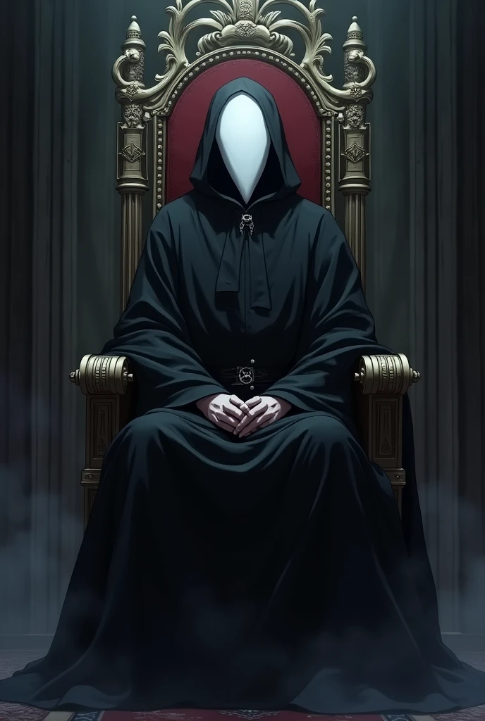 Sad hero in anime form, sitting in a throne, with black clothes and white mask