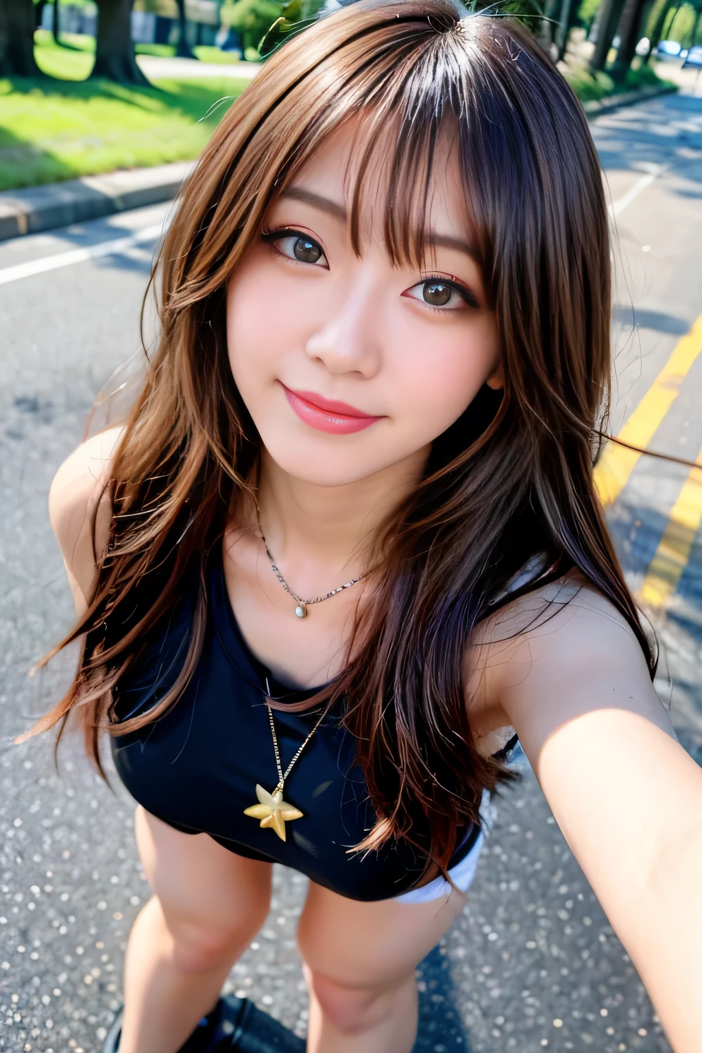seed:1237008697,((close-up:1.3))((Full Body Angle:1.1)),((Highest quality, 8k, masterpiece: 1.3)), concentrated: 1.2,Front hair:1.3, Cute 1,Nipples erect、 Perfect beauty: 1.4,Colorful star print T-shirt、Shorts,: 1.2,Randall Color、comics&Text Graphics、Black,1.1, Highly detailed face and skin textures, Fine grain, double eyelid, whitening skin, ,Highest quality,Ultra-high resolution,you,1 person,alone,_Shiny_skin,Iris,necklace,((brown_length_Wavy_hair)),(lips)),eyelash,Front hair,deal with,compensate,Shiny,pore,skin big breasts、((smiling face))、((Front hair:1.3))、Walking in the park、Standing and walking、gravure idol、Don't look at the camera、
