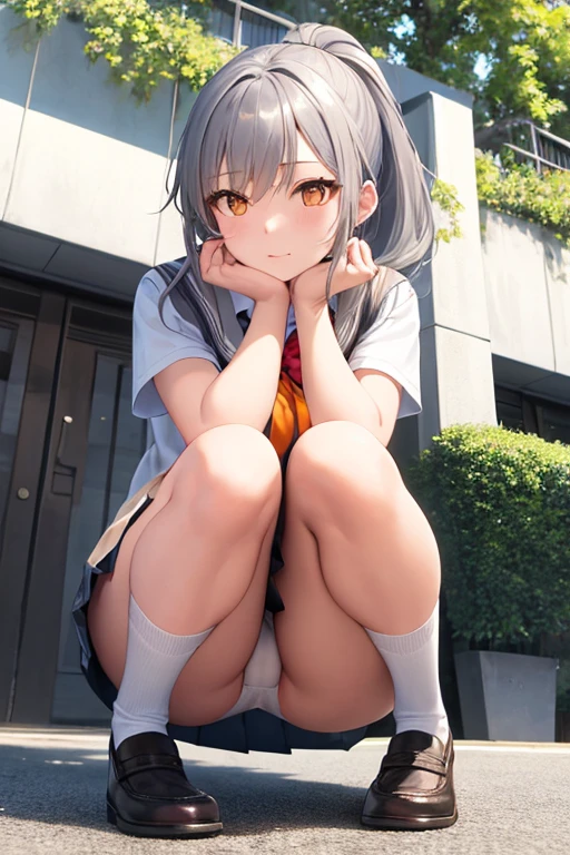 ((Highest quality)), ((masterpiece)), (detailed), One girl, Angle from below、high school girl、school uniform、Short sleeve、mini skirt、Gray Hair、ponytail、Orange eyes、squat、White panties、Place your arms on your knees