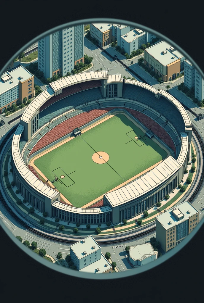 in this image I want there to be a top view, from a convex lens the image of the meier, only with the Engenhão stadium in the background, next to the imperator theater and the train line in front I would like to highlight just these points the style of the image is more pro drawn in an evident way it should distort the color palette they are more sober colors the format of this drawing should be in the form of a circle