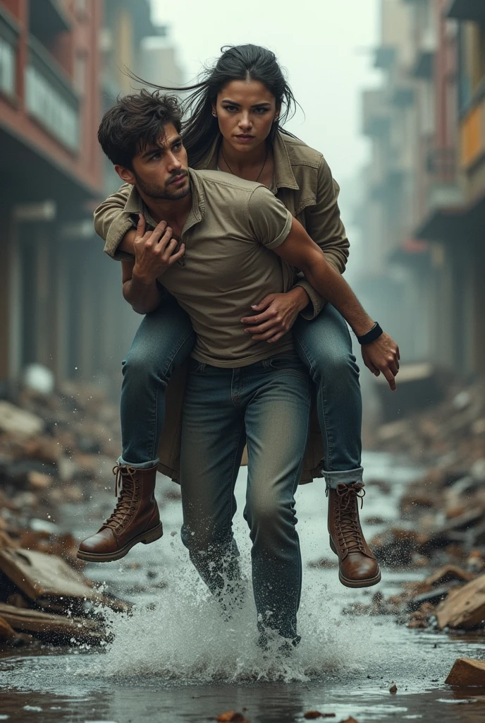 Girl lifting up a young man who was on the ground With a background Of destruction and water With normal clothes 
