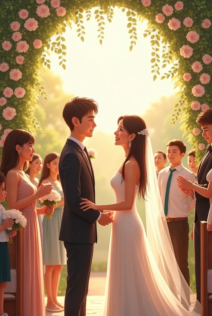 Couple getting married to each other, romantic moment, groom amazed by bride's beauty, guests sitted, crowded, full ceremony with family and friends, outdoor wedding, by the cliffside, open environment, sea in distance, (natural skin texture, hyperrealism, soft light, sharp), day time, lens flare, bokeh, beautiful weather, joyful, happiness