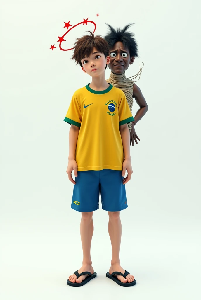 A pale anime adult man with a tired appearance, short messy brown hair, tired black eyes with Japanese descent. Wearing a yellow and blue Brazilian shirt from the 2019 Olympics and typical Brazilian blue shorts, black havaianas flip flops, standing in front of a completely white background. Detailed with full 8k quality. A half-demon man behind him, black hair and skin, bandages around the neck, wearing a fancy suit, a red halo shaped like stars above the head.
