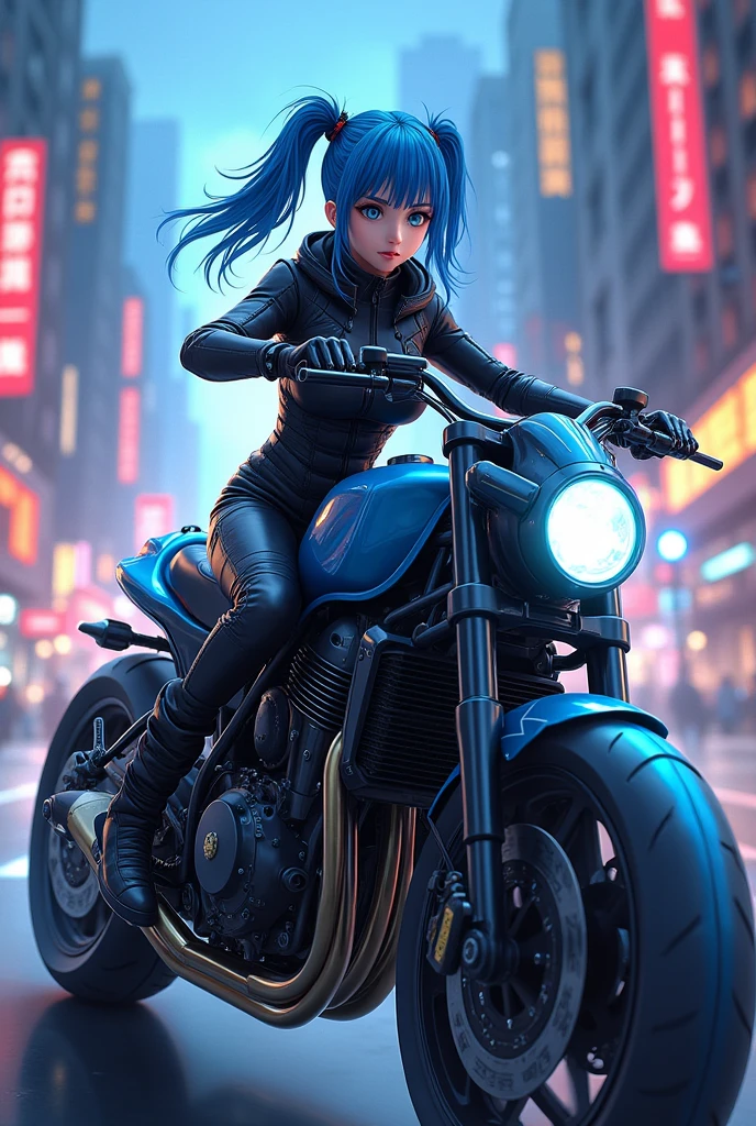 A beautiful and detailed (sweet picture) wa ((Krystal)), Star Fox Krystal, lovable, green eyes, medium breasts, (((Long blue hair 1.3))), ((black hair tips)), anthro, furry, Uploaded E621, detailed fluffy fur, (wa Fluff-Kevlar, Bayard Wu, Personalami, Pino Daeni), detailed face, (fluffy), 1 girl, alone, sweet girl, leather jacket, Rides motorcycle, executive station wagon, protective clothing, Cyberpunk City, chopper motorcycle, driving,