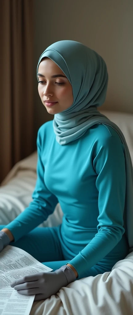 The most beautiful,thin,most pretty and clever Asian muslimah adult girl wears capri blue colour lycra turtleneck unitard catsuit with grey lycra gloves.She always wear capri bluecolour lycra dancewear stretchy square hijab.She sits on the bed and reads a lot of newspapers