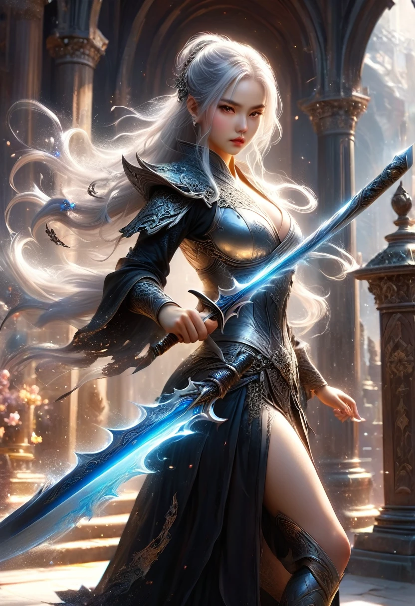 in front of the church,oriental goddess,lupus,Bright Eyes,Serious expression,,Long silver hair,Large Breasts,Perfect body proportions,Wearing the black sore cloak,Two-handed clenched broadsword.Magic runes engraved on the sword,8k,Movie Special Effects,movie lighting,realism(1:0)