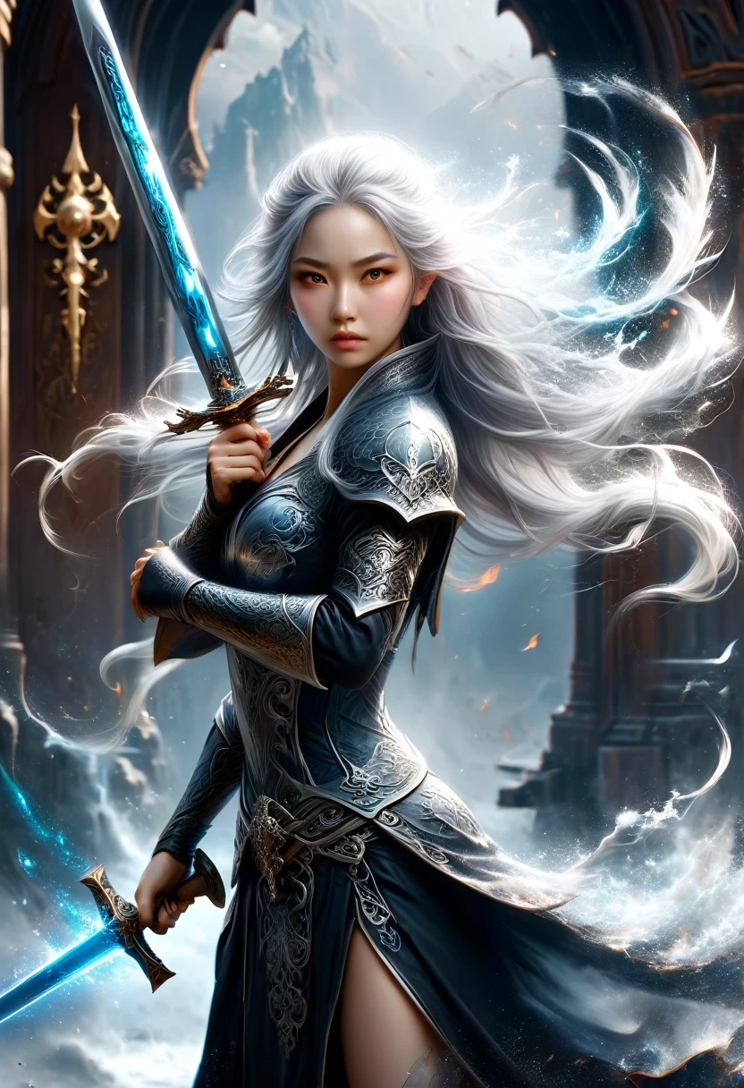 in front of the church,oriental goddess,lupus,Bright Eyes,Serious expression,,Long silver hair,Large Breasts,Perfect body proportions,Wearing the black sore cloak,Two-handed clenched broadsword.Magic runes engraved on the sword,8k,Movie Special Effects,movie lighting,realism(1:0)