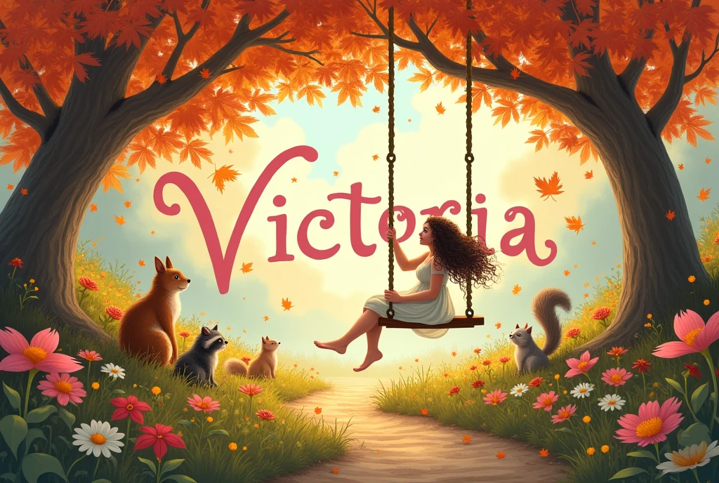 beautiful big garden in autumn leaves flying,A Tree Swing,various animals, squirrel, raccoon,an indian ,rosto angelical,, with curly hair on the swing playing, flowers along the dirt road,large image of the name Victoria written in light baby pink in the background, high resolution ,width twice as large as height
