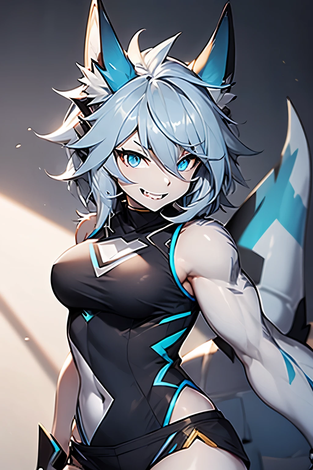 A Female Shark, hair blue, gold eyes, Gray Shark Tail, White and Gray Skin, smile with sharp teeth, black tank top, short preto.