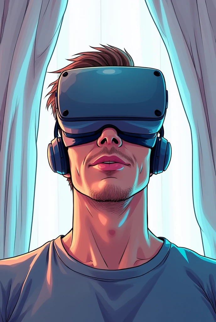 With comic style, a user, A man with brown hair, in a VR space, Being located where you would be with the camera as if you were in a photo studio with a white curtain and virtual lighting, you see the result when you finish adjusting the saturation parameters., application, glow, materials and textures. But I need it in a good comic style