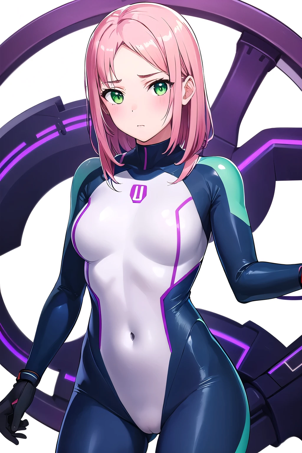 1girl,Samus aran,solo,green eyes, pink hair, forehead hair, zero suit ,purple stripes,cowboy shot,blush,,Science fiction,ultra-detailed,sharp focus,aesthetic,(best quality), white background
