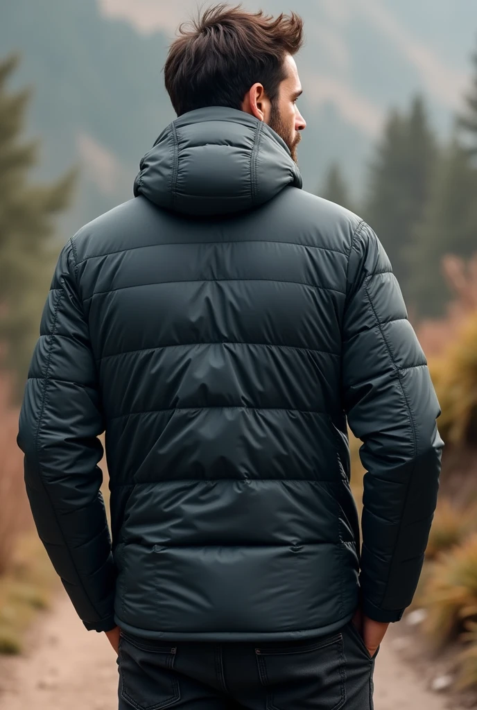 high-quality mockup of a Men's wearing Down Jacket white. back view, versatile, sporty apparel design, include a zipper closure, featherweight feel, and casual yet stylish design