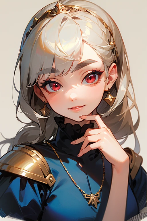 (Highest quality, masterpiece:1.2), High resolution, The highest masterpiece、Very detailed, Realistic:1.37, Fantasy, An illustration,Gray Hair、 Red eyes、Queen, Navy and blue dress、beautifully、Eyeshadow Red、Thick eyebrows、Long eyelashes、pupils are black、shiny on the lips、Top Sites、Queen、Princess、A kind smile、Soft impression、people々々々Loved by、Slimming the face、Shoulder Bare、ponytail、Kissing Face、Long white hair、Shaggy Bangs、(Save face image).(Goshikta)、(A kind smile)、(Background white)、(Gold Necklace).