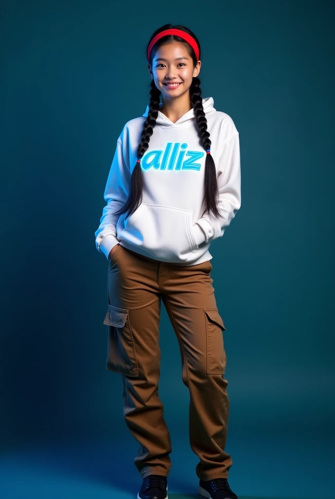 Create a full body beautiful Thai women, smiling, wearing a white hoodie and blue glow written with design ' alliz ' and brown cargo pants and black beautiful shoes, black long braids hairstyles with red headband, white skin, dark blue background, looking at the camera, photography.