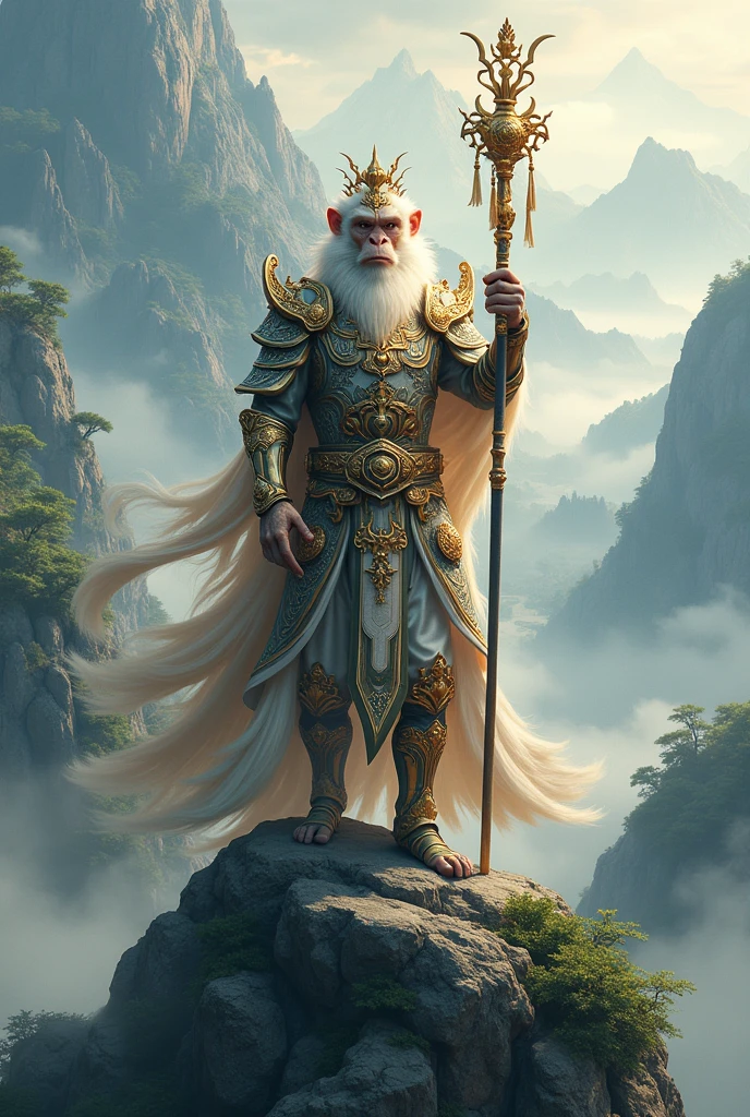 Good quality, 8k, Sun Wukong, the monkey king, in divine armor, with a divine stick in his hands, the atmosphere of Chinese culture, on a high mountain near Odlaki