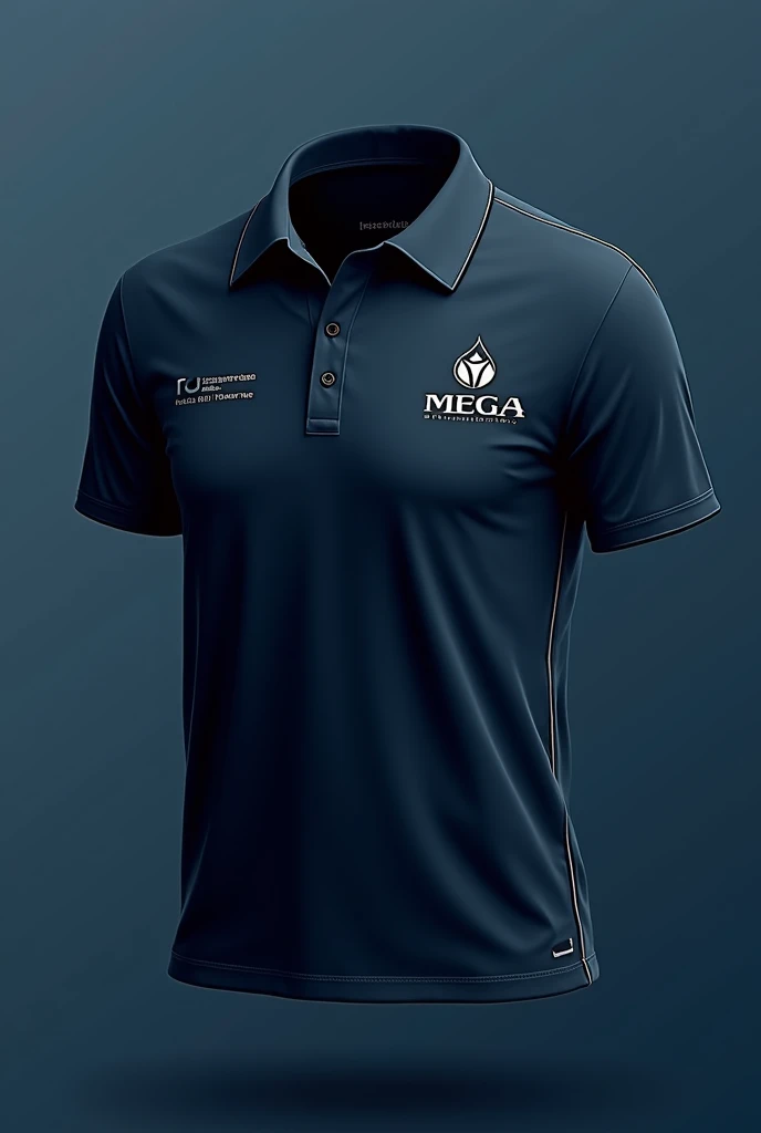 Create an elegant shirt design for the Mega Distributions company with dark blue colors, black and white in an elegant and subtle way