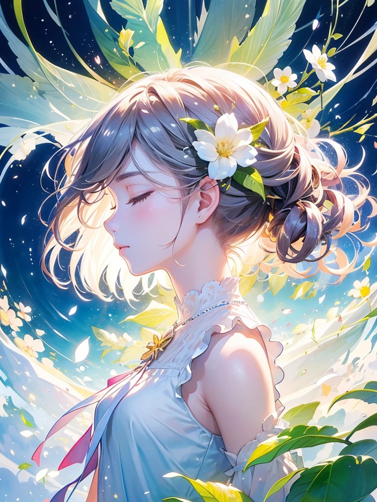 (masterpiece、Highest quality、Highest quality、Beautiful and beautiful:1.2)、Excellent anatomy、（Watercolor painting 1.5）、Long Shot、straight short hair images、Trendy Hair Color, Beautiful Face、Beautiful profile, Bow down and be quiet, I close my eyes and pray, Fairy, 蝶のFairyのコスチューム、Pure white、Pure、charm, Colorful flowers of different colors, Flower and leaf wind、Botanical Art,
