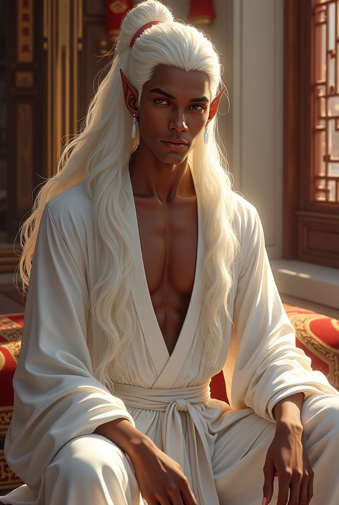 Black man. Brown skin. Elf. Long White hair. Dressed in Chinese style white robes. Sitting in a mansion. Seductive gaze. Chinese animation style. Ultra high quality