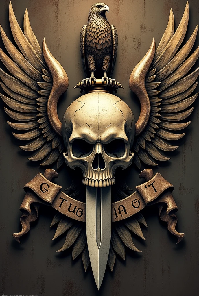 A Geot emblem with a skull and wings That has GEOT inscribed A knife in the skull Now that it looks like an emblem An eagle on the sword Smaller