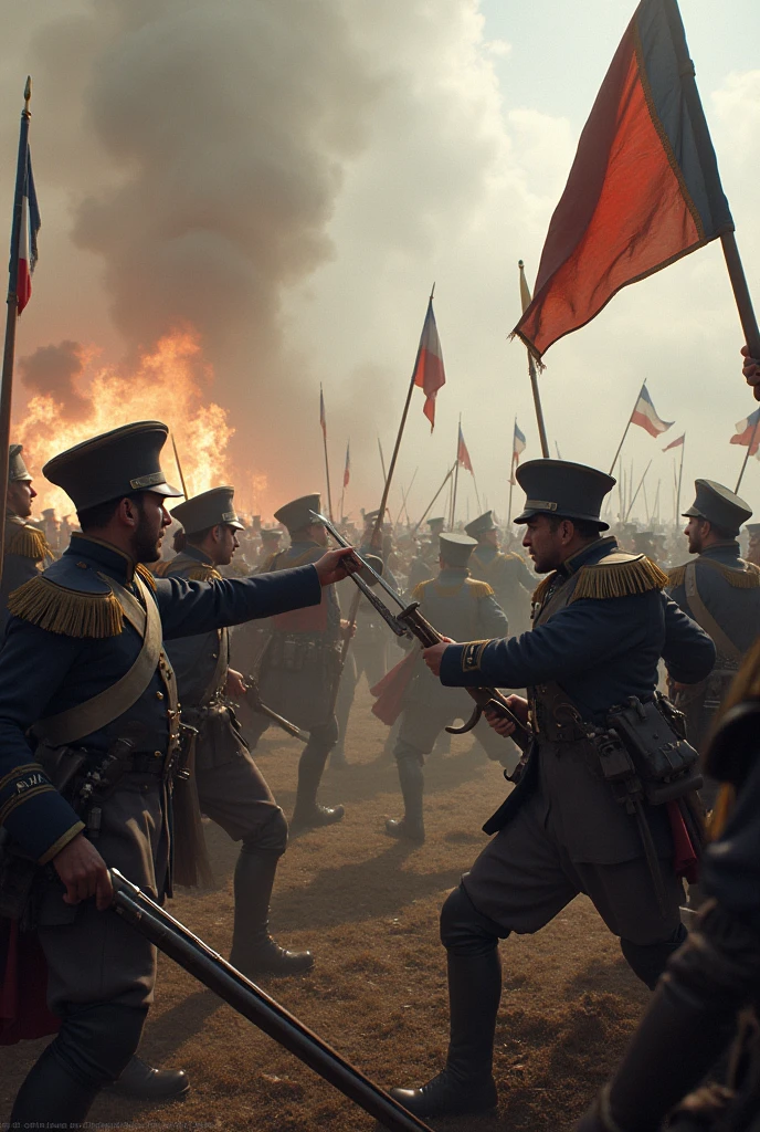 Allied and French troops clash on a smoke-filled battlefield 1815