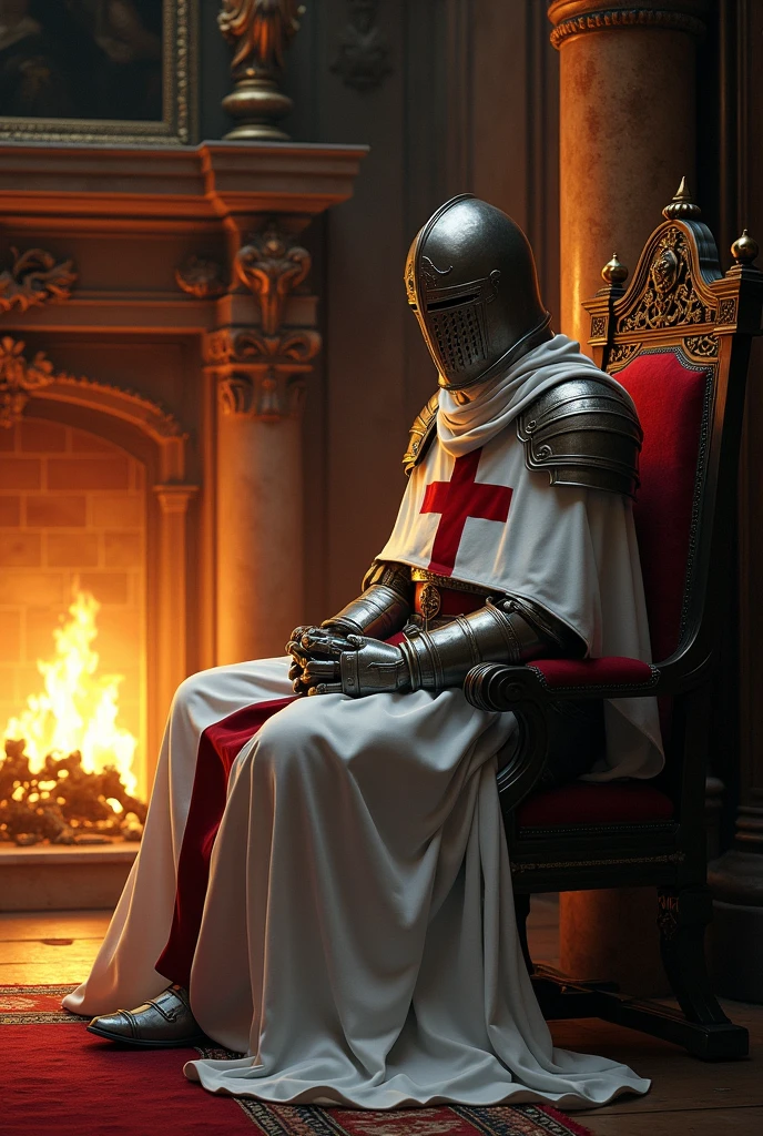 a templar knight with white cloak and red cross on his chest, resting on the fireplace inside a luxurious castle, high quality, artwork,, incredible lighting, illustration, cinematic light:1.1, perfect shading
