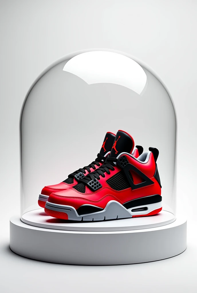  un par de zapatillas rojos y negros dentro de una capsula de vidrio con un fondo white, "Air Jordan 4, Air Jordan 4 High, Uniform off , photo of sneakers, light black skin, light red, white, focus only on sneakers, black color, Hyper realistic&quot;, Hyper realistic &quot;, fan favorite, 🕹️ 😎 🔫 🤖 🚬