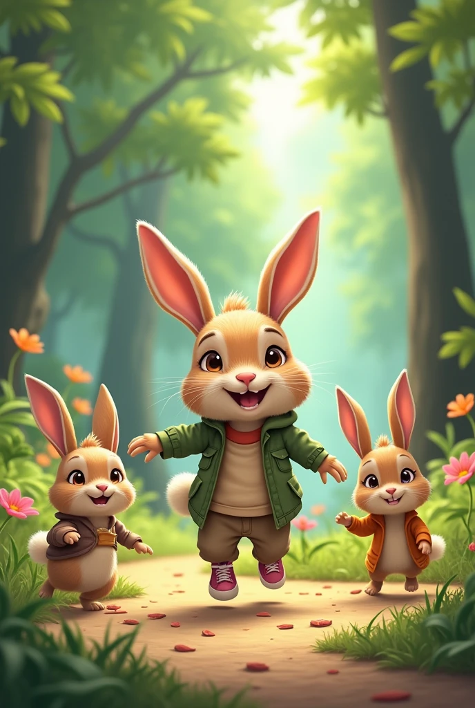 Images 1- Humanized rabbit playing in the street(forst) with friends
