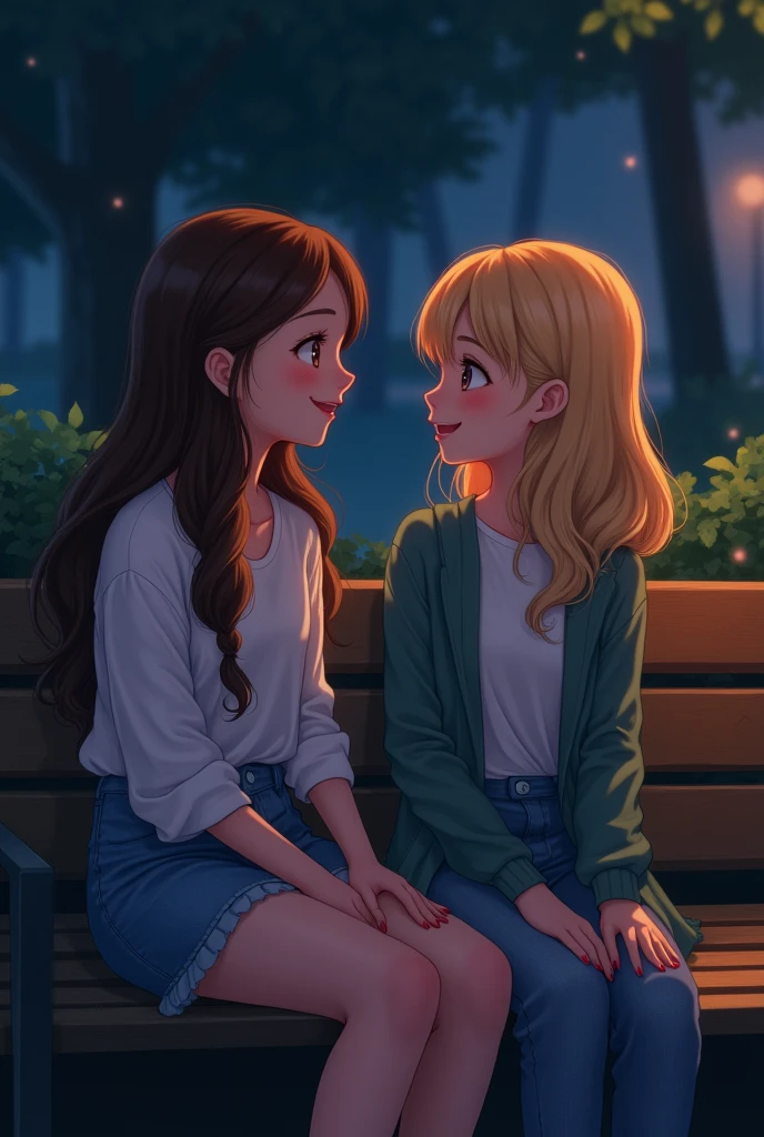 make a side braid brown hair girl, happily talking to a blonde girl on a wooden bench at night