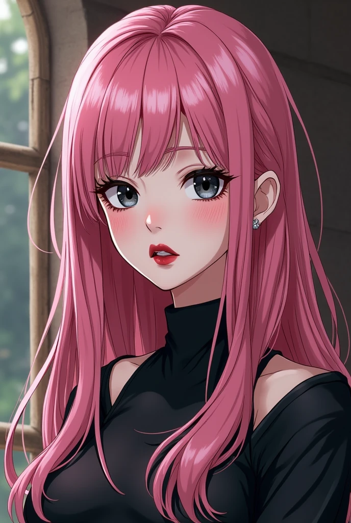 She appeared to be around twenty years old, the vibrant hue of her hair—a stunning shade of pink that effortlessly stood out from others.
It was a bold and unconventional choice that perfectly complemented her unique style.
her face her striking black eyes, which seemed to hold a depth of the ocean.
The young woman’s makeup further accentuated her features, creating an alluring contrast against her pale white complexion.
Her choice of dark red lipstick added a touch of elegance and confidence, drawing attention to her lips.
The combination of her unconventional hair color, captivating eyes, and carefully applied lipstick gave her an enhanced and charismatic appearance.
Anime style with medieval effects.