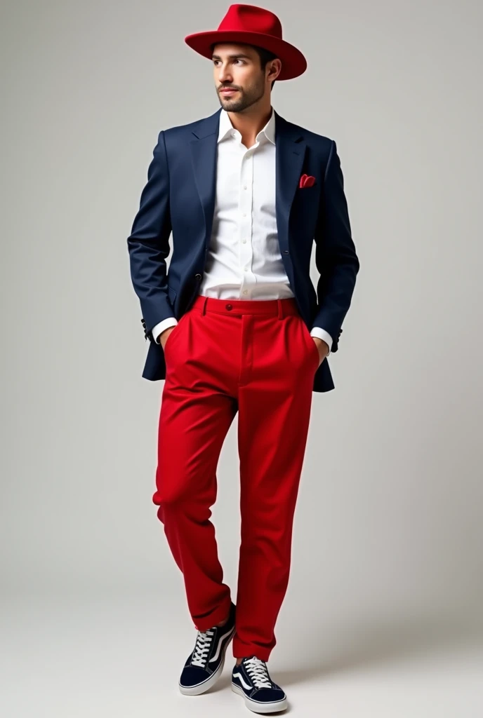 Homme de teint Clair, au pentalon rouge, chemise blanche, blaser bleu nuit, bascket bleu nuit , chapeau rouge
