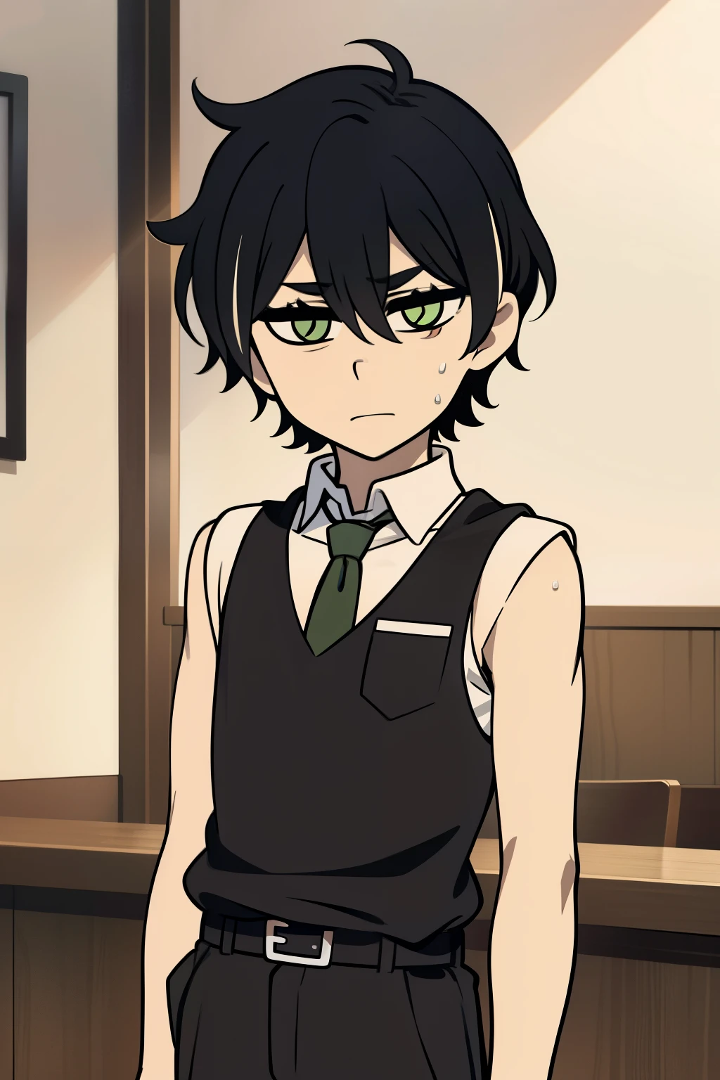 Highres, Masterpiece, Best quality at best,Best Quality,hight quality, hight detailed, Anime style, 1boy, Shota, young boy, Young andy graves, hair between eyes, closed mouth,black hair, green eyes, Slim body, messy hair, bright pupils, look at viewer,Sleeveless vest, Tie, belt, waiter, cafe, Bare shoulder, choker, Flat chest, upper body, White beckground, bright pupils, outline, white pupils, white outline, (very young boy), (very small and short body), hansome boy, Uhd, bokeh, sweat