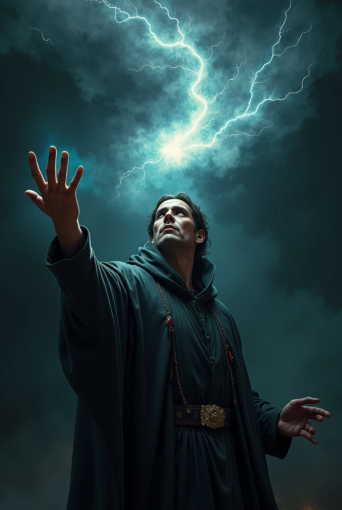 A photo of a sorcerer with an intense focused expression, extending one hand, palm up, with a miniature storm swirling above it. The storm has dark swirling clouds and tiny lightning bolts. The sorcerer is wearing flowing robes and has intricate magical details on his hand. The background is dark. The image has dramatic lighting, contrasting shadows, and an ethereal atmosphere. The fantasy art style is ultra-high detail and 8K resolution.