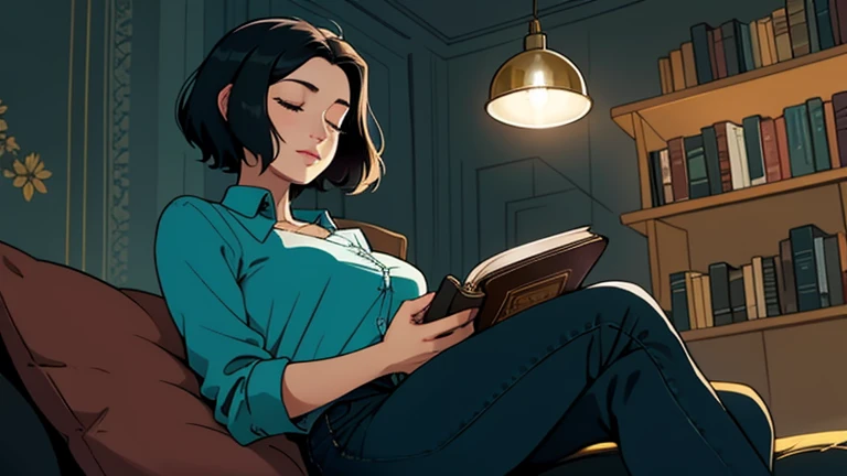 Beautiful woman in her 30s with short black hair is sitting on the sofa. Looking down, eyes closed, LOFI girl, alone in the room, blouse, cozy wallpaper, big cushion, bookshelf, relaxing mood, night core, cozy, wide glass window with skyscrapers, outside view at night, only five fingers, blue wall, Holding a book in hand,