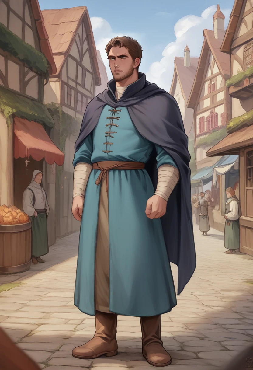 "Create an image of a male character for a visual novel, standing and looking directly at the camera. He has shoulder-length, tousled brown hair and a short beard, giving him a rugged, unrefined look. He wears a simple, dark tunic with long sleeves, belted at the waist, and practical trousers tucked into well-worn leather boots. His tunic is adorned with minimalistic embroidery, hinting at his profession without being ostentatious. A long cloak drapes over his shoulders, slightly tattered at the edges from years of use. His hands are bare, revealing rough, work-worn skin. His expression is serious and contemplative, as if constantly analyzing his surroundings. The background should be a medieval village street at dusk, with stone buildings and narrow alleys, adding to the mysterious atmosphere."


