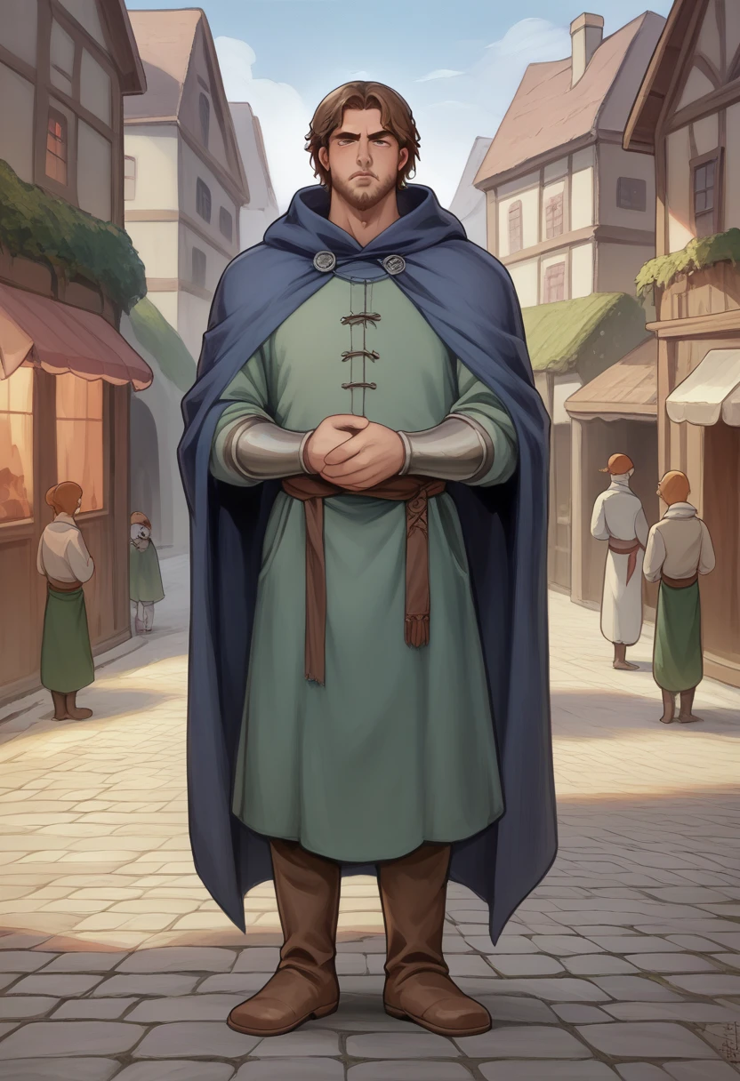 "Create an image of a male character for a visual novel, standing and looking directly at the camera. He has shoulder-length, tousled brown hair and a short beard, giving him a rugged, unrefined look. He wears a simple, dark tunic with long sleeves, belted at the waist, and practical trousers tucked into well-worn leather boots. His tunic is adorned with minimalistic embroidery, hinting at his profession without being ostentatious. A long cloak drapes over his shoulders, slightly tattered at the edges from years of use. His hands are bare, revealing rough, work-worn skin. His expression is serious and contemplative, as if constantly analyzing his surroundings. The background should be a medieval village street at dusk, with stone buildings and narrow alleys, adding to the mysterious atmosphere."