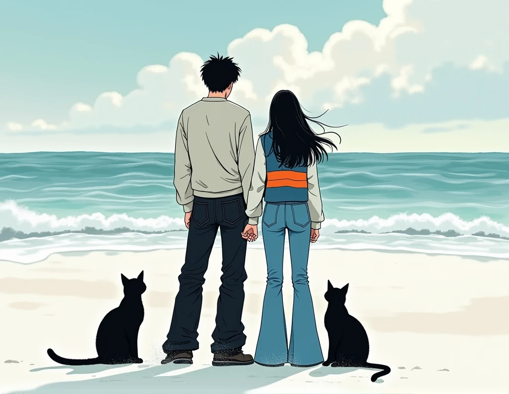 A tall adult man with black hair in the kpop idol style, korean traits, White skin y vestido con jeans negros anchos y un polerón junto a una mujer adulta con korean traits de cabello largo y negro al estilo de una idol de kpop, White skin, dressed in blue flare jeans and a blue and orange striped vest. Both standing next to each other without touching and looking at the beach in winter, next to two black cats. in manhwa style