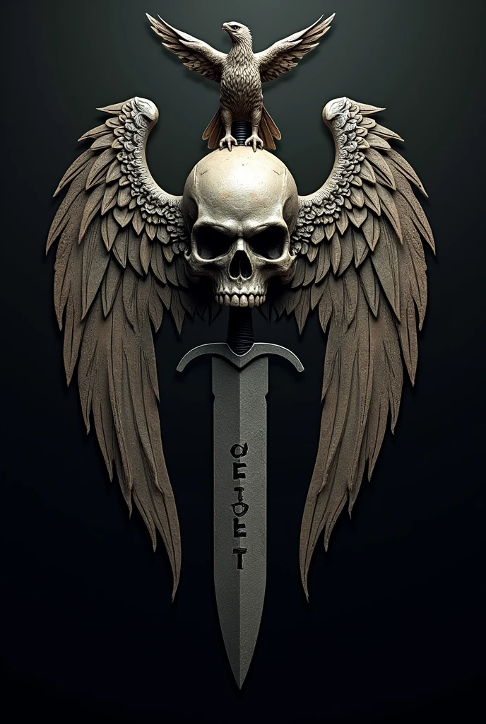 A Geot emblem with a skull and wings That has GEOT inscribed on it A knife in the skull Now that it looks like an emblem An eagle on the sword Smaller That it is noticeable GEOT