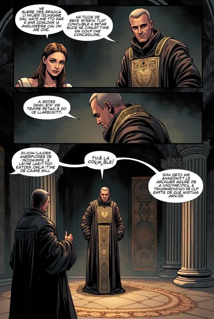 Comic strip of Lazarillo de Tormes where the archpriest of San Salvador gives one of his concubines as a wife in Spanish the dialogue