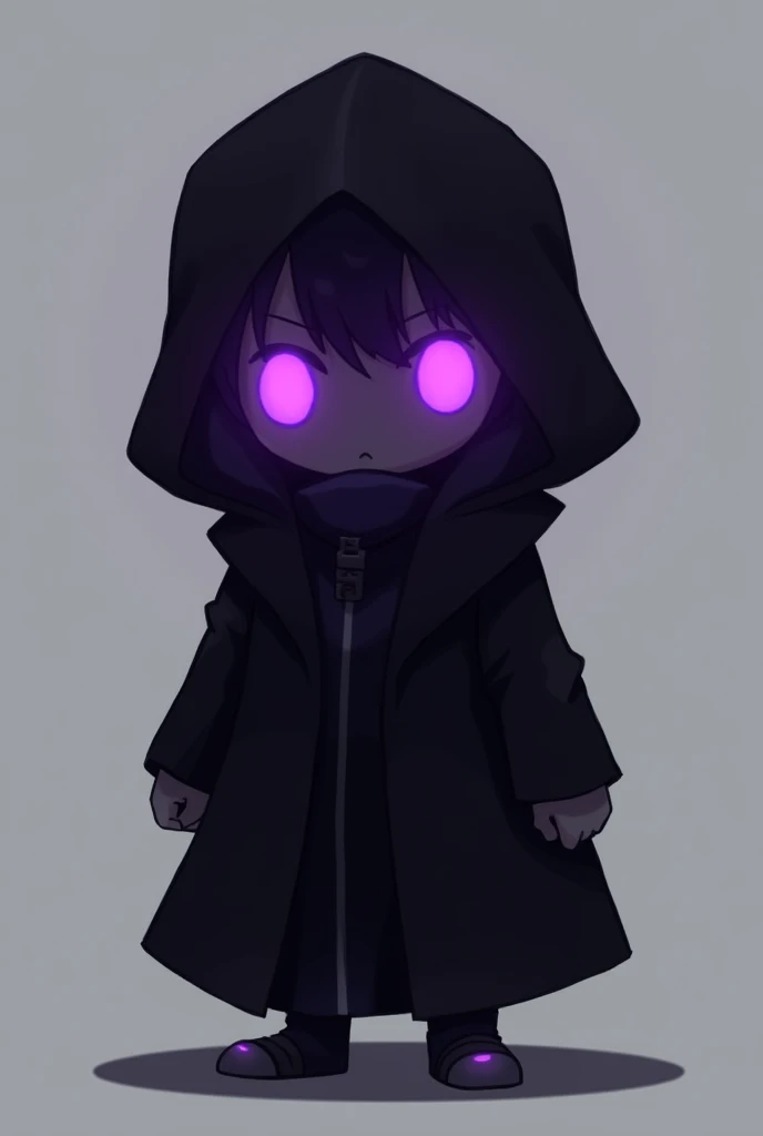 A character wearing a black coat, and the face is hidden by the hood, you can only see the eyes glowing purple. You can&#39;t see anything else of the face. chibiboy