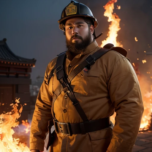 best quality,masterpiece,full-body shot,Firemen,Very strong,A bear-like body,Regular facial features,Extremely sturdy,Fat-encapsulated muscle,short hair,Beard,temple,middle aged,黄橙色消防服的Firemen,helmet,Determined gaze,Military salute,Building with flames in the background(Notice:Very strong body)